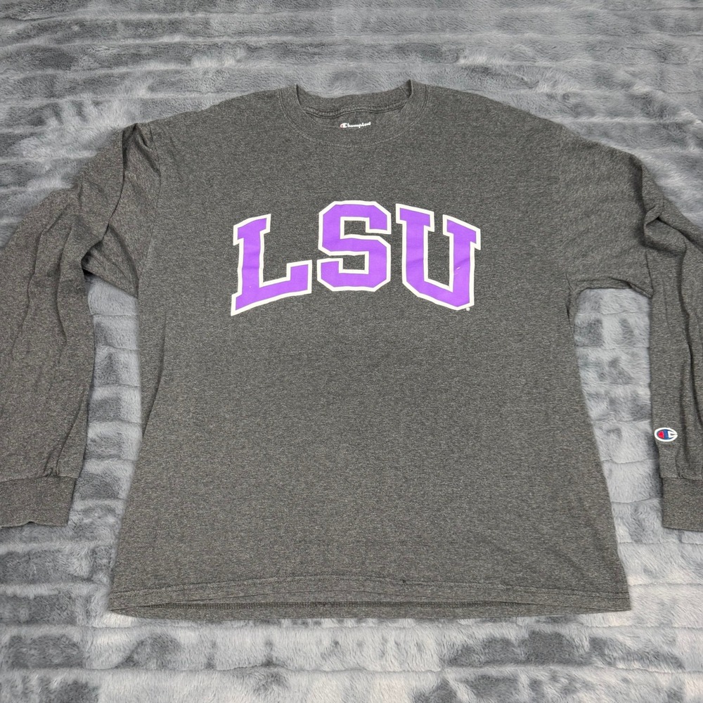 Champion LSU Tigers Long Sleeve T-Shirt Mens Large Gray Purple Graphic RN49314